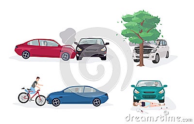 Road accident different situations collection. Car crash with car, tree, bicycle and skater. Colorful vector Vector Illustration