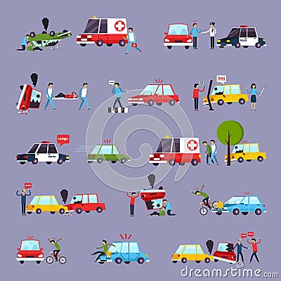 Road Accident Icons Set Vector Illustration