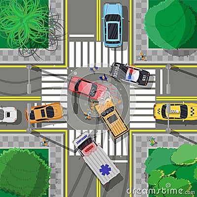 Road accident between two cars on crossroad Vector Illustration