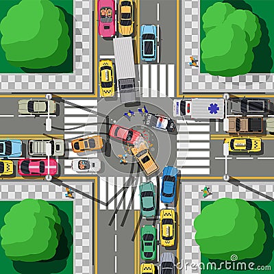 Road Accident Between Two Cars on Crossroad Vector Illustration