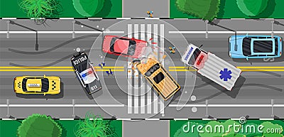 Road accident between two cars on crossroad Vector Illustration