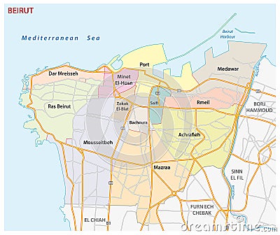 Road, administrative and political map of the Lebanese capital Beirut Vector Illustration