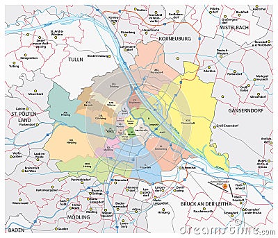 Road and administrative vector map of the city of vienna and its surrounding communities Vector Illustration