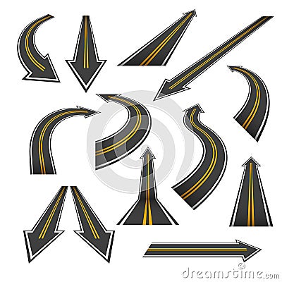 Road arrow set. Arrow roads with yellow markings. Vector Illustration