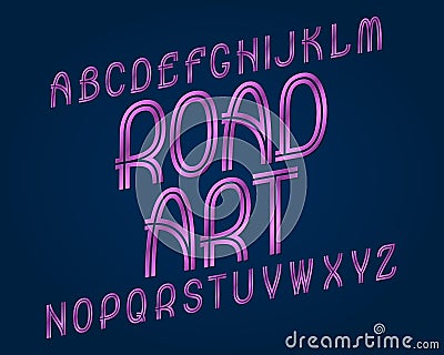 Road Art typeface. Purple metallic font. Isolated english alphabet Vector Illustration