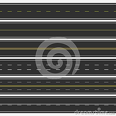 Road asphalt highway street marking. Horizontal straight seamless strips. Vector Illustration