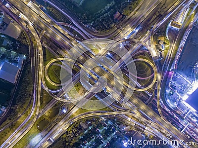 Road beautiful Aerial View of Busy Intersection at Night , top v Stock Photo