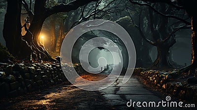 road and big trees in fog, mystical foggy autumnal day. generative airoad and big trees in fog, mystical foggy autumnal day. Stock Photo