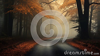 Road and big trees in fog mystical foggy autumnal day Stock Photo