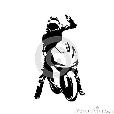 Road bike racing. Biker celebrating victory, isolated vector silhouette, ink drawing. Motorbike sport logo Vector Illustration