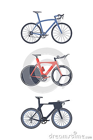 Road bike set. Flat icons. Triatlon bikes. Vector Illustration