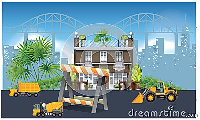 A road block in front of house Vector Illustration