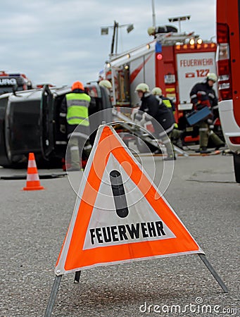 Road blocked by german fire department. Stock Photo