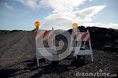 Road blocks on the road to Kalapana lava flow Stock Photo