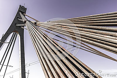 Road bridge construction - metal cables and reinforced concrete supports Stock Photo