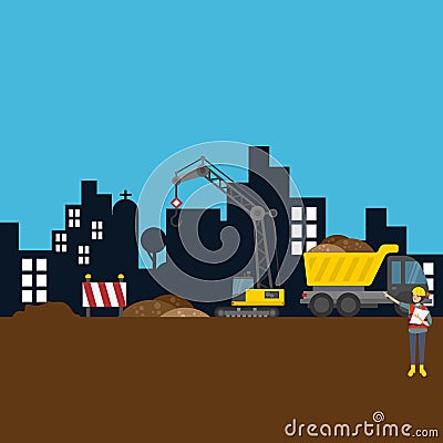 Road building city construction site worker vector illustration Vector Illustration