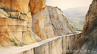 Road Through Canyon A Stunning Watercolor Painting Stock Photo