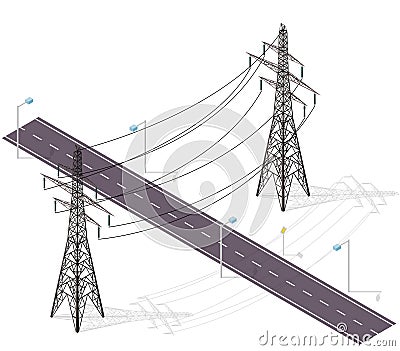 Road for cars crossed by high voltage lines, street lamps. Infrastructure intersecting. Vector Illustration