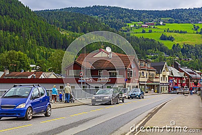 Road cars idyllic houses in town Fagernes Fylke Innlandet Norway Editorial Stock Photo