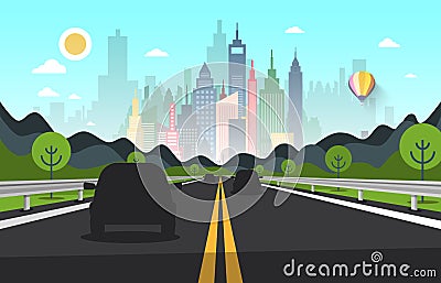 Road with Cars Silhouettes and City on Backgroud Vector Illustration