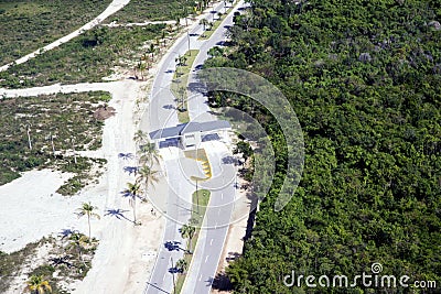 The road, the checkpoint divides the territory of Punta Cana, the Dominican Republic into two parts: a national park and the coast Stock Photo