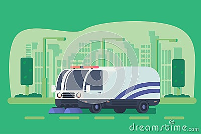 Road cleaner car. Street sweeper. Macine for road service. Vector Illustration