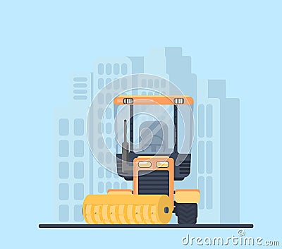 Road cleaner tractor in city. Street sweeper. Machine for highway service Vector Illustration