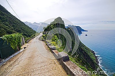 Road on the cliff, Madeira island - Portugal Stock Photo