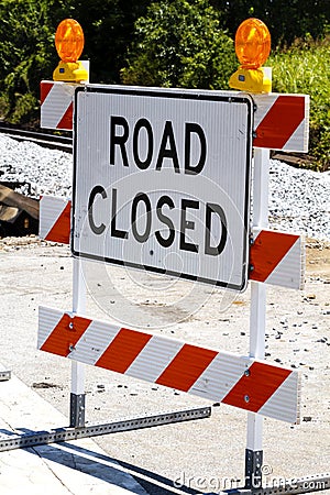 Road Closed Type III Barricade With Warning Lights Stock Photo