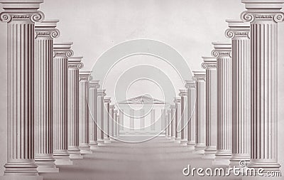 The road with the columns of the gate. Wallpaper for interior. 3D rendering. Stock Photo