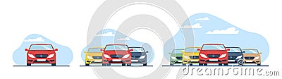 Road conditions, few cars and many cars in traffic jam. Sedan automobile front view, city transport. Modern minimalism Vector Illustration