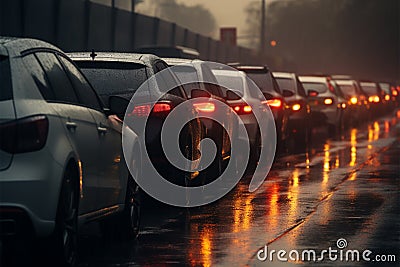 Road congestion, car traffic jam, bad weather and rain Stock Photo