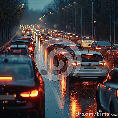 Road congestion, car traffic jam, bad weather and rain Stock Photo