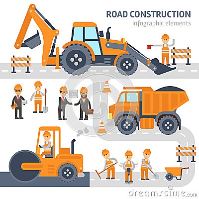 Road construction infographic elements vector flat design. Construction, workers, excavator, roller, bulldozer. Vector Illustration