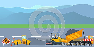 Road construction and road repair banner. Asphalt compactor road under construction repair road signs. Vector Vector Illustration