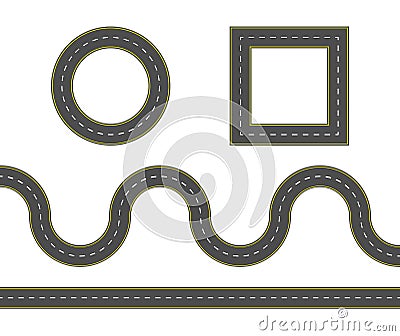 Road construction set. Highway map toolkit. Connectable road elements. Vector illustration of winding road Vector Illustration