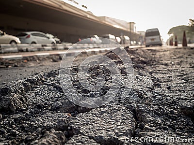 Road cracked with vehicle and trouble in transport. Stock Photo