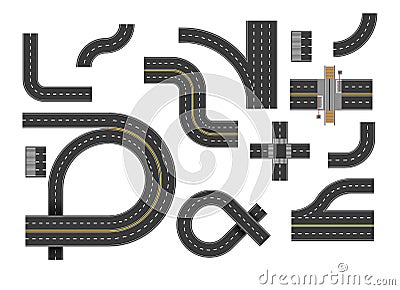 Road curves and bending highway roads top view set Vector Illustration