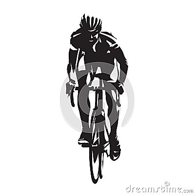 Road cycling, cyclist on bicycle, front view. Vector silhouette Vector Illustration