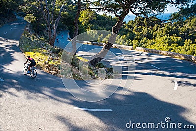 Road cycling sport photo. Man on bicycle ride in green summer nature Editorial Stock Photo