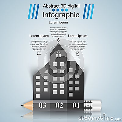 Road 3D digital illustration Infographic. Pencil, home icon. Vector Illustration