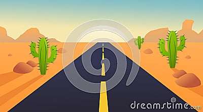 Road with desert landscape, mountains and sunshine Vector Illustration