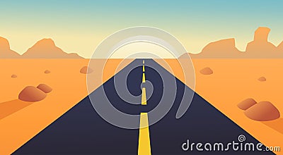 Road with desert landscape, mountains and sunshine Vector Illustration