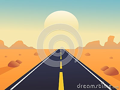 Road with desert landscape, mountains and sunshine Vector Illustration