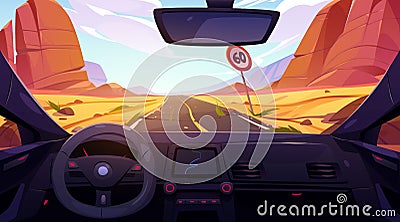 Road in desert view from car interior windshield Vector Illustration