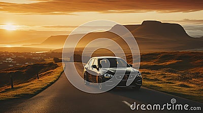 On the Road at Dusk. A Vehicle's Quiet Contemplation Amidst Nature's Glory. Generative AI Stock Photo