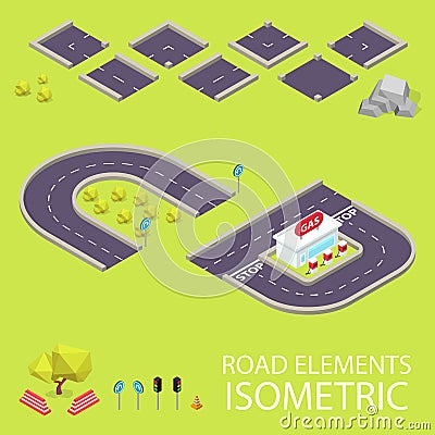 Road elements isometric. Road font. Letters C and Vector Illustration