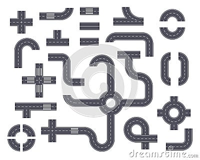 Road elements. Top view highway with footpath, ring road, crossroad, curved path. Asphalt street parts with markings for Vector Illustration