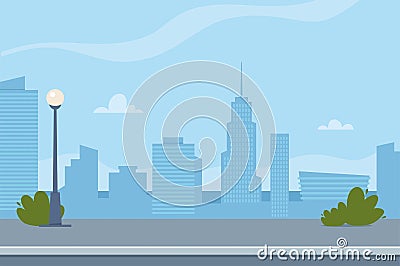 Road empty city street. Empty street or alley in a city park. Street on a Sunny summer day. Flat Vector Illustration, background Vector Illustration