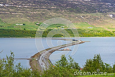 Road through Eyjafjordur fjord in Akureyri in Iceland Stock Photo